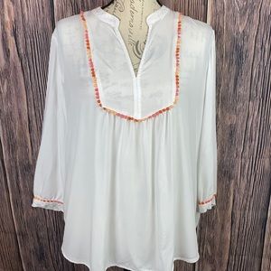 Loft Women’s White Blouse W/ Varying Orange Colored Embroidery Details (Size L)